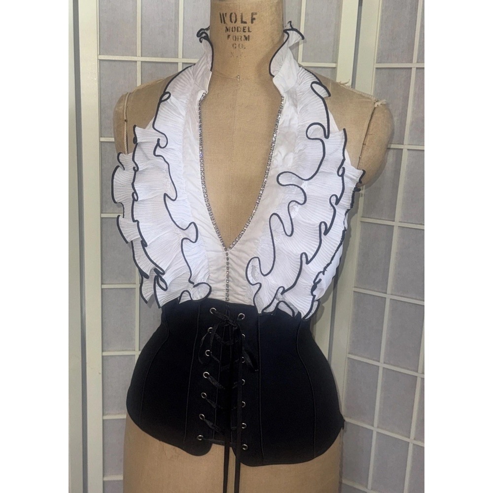 Vtg Y2K Body Central Club Corset Ruffle Lace Ribbon Stretch Fairy Milkmaid Top